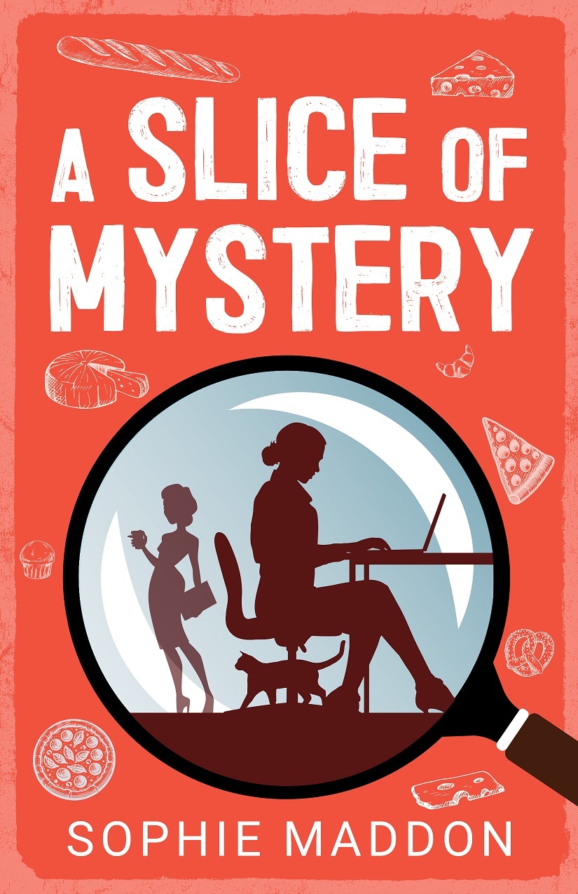 Cover for A Slice of Mystery - cozy mystery novel - Red background with white drawings of bread, cheese, and pizza. In the middle, a large magnifying glass highlighting the silhouette of a young professional woman typing on a laptop at her desk. At her feet, a cat. In the background, a sophisticated young professional woman.