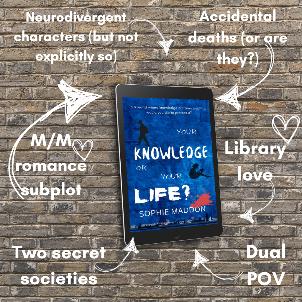 Ebook picture of the young adult mystery novel Your Knowledge or Your Life? in the middle, background of yellow bricks. Arrows pointing to the ebook and describing some key points of the novel: Neurodivergent characters (but not explicitly so) Accidental deaths (or are they?) M/M romance subplot Two secret societies Dual POV Library love Ebook picture of the young adult mystery novel Your Knowledge or Your Life? in the middle, background of yellow bricks. Arrows pointing to the ebook and describing some key points of the novel: Neurodivergent characters (but not explicitly so) Accidental deaths (or are they?) M/M romance subplot Two secret societies Dual POV Library love